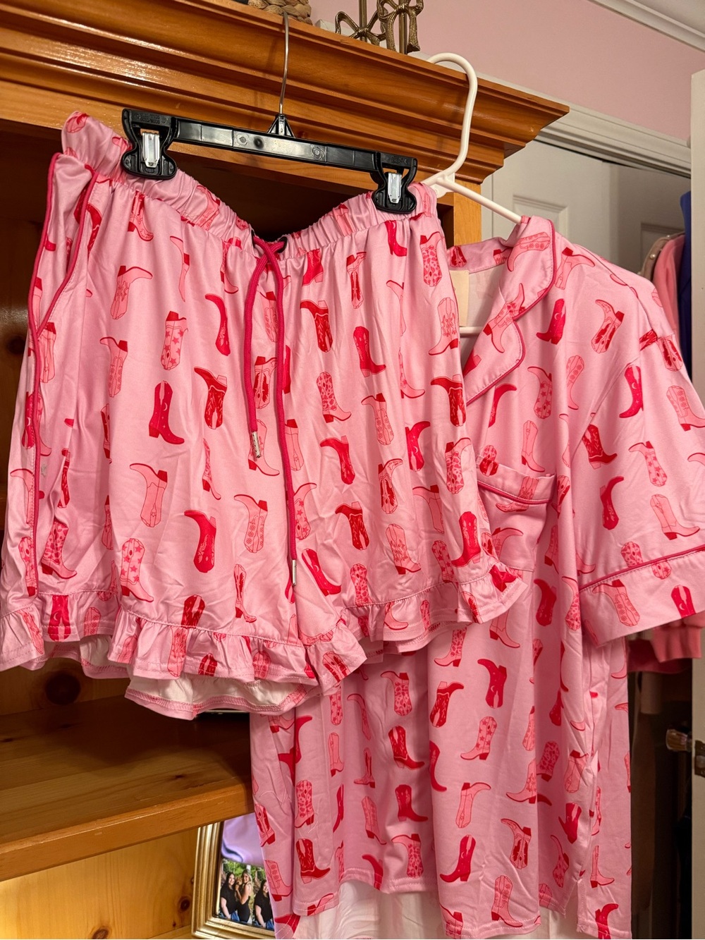 Fantastic Fawn Pink Short Pajama Set with Red Cowboy Boot Print